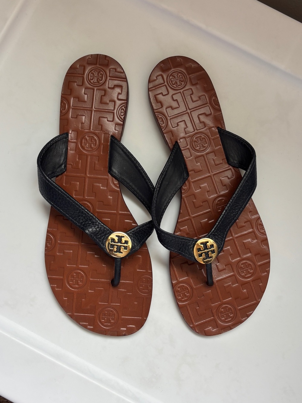 Tory Burch Black Leather Logo Thong Sandals with Brown Footbed